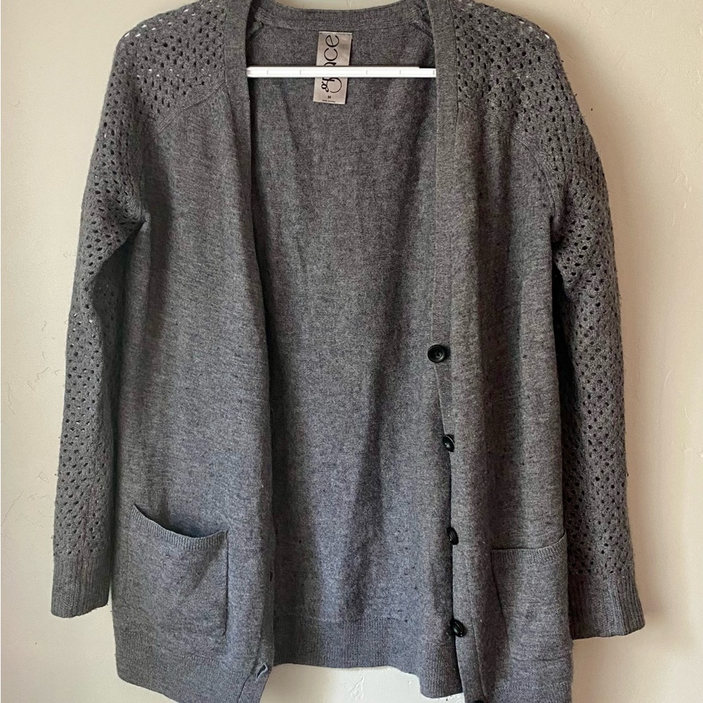 Grace Cashmere Wool Gray Cardigan Sweater Classic Knit Waffle Detail Grandpa